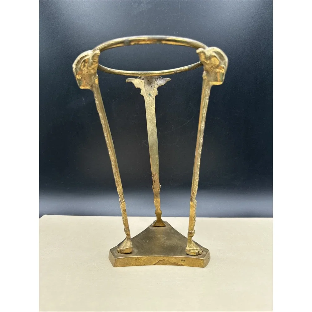Vtg MCM Brass Stand Paired w Pottery Barn Glass Candle Holder Ram Head Man‎ Cave